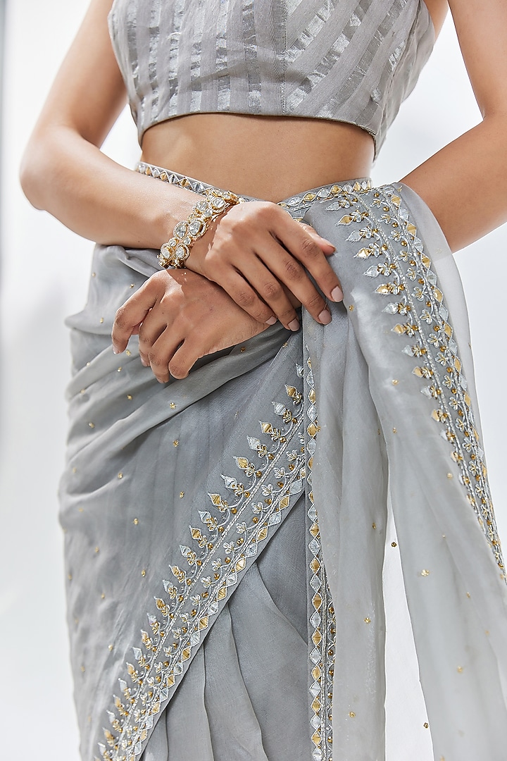 Stone Grey Silk Organza Zardosi Embroidered Wedding Saree Set by Priyal Prakash at Pernia's Pop Up Shop