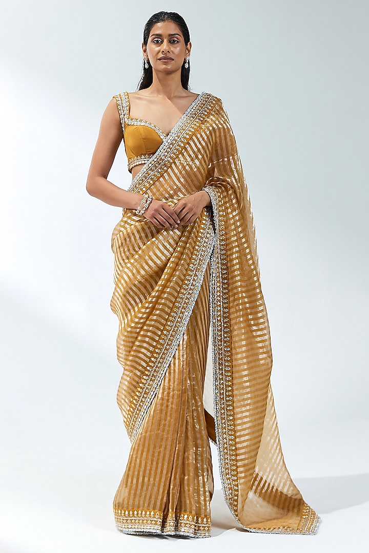 Deep Mustard Zari Silk Organza Zardosi Embroidered Saree Set by Priyal Prakash at Pernia's Pop Up Shop