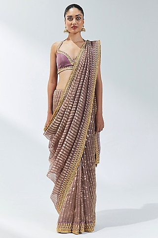 Dusty Mauve Zari Silk Organza Zardosi Embroidered Saree Set by Priyal Prakash