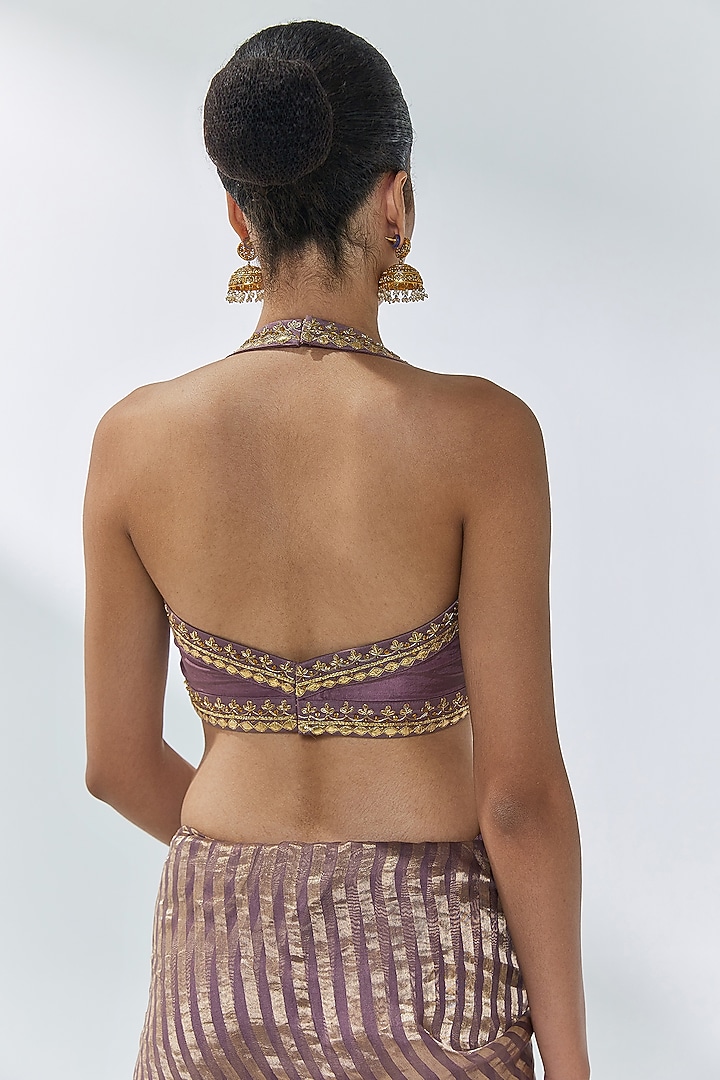 Dusty Mauve Zari Silk Organza Zardosi Embroidered Wedding Saree Set by Priyal Prakash at Pernia's Pop Up Shop