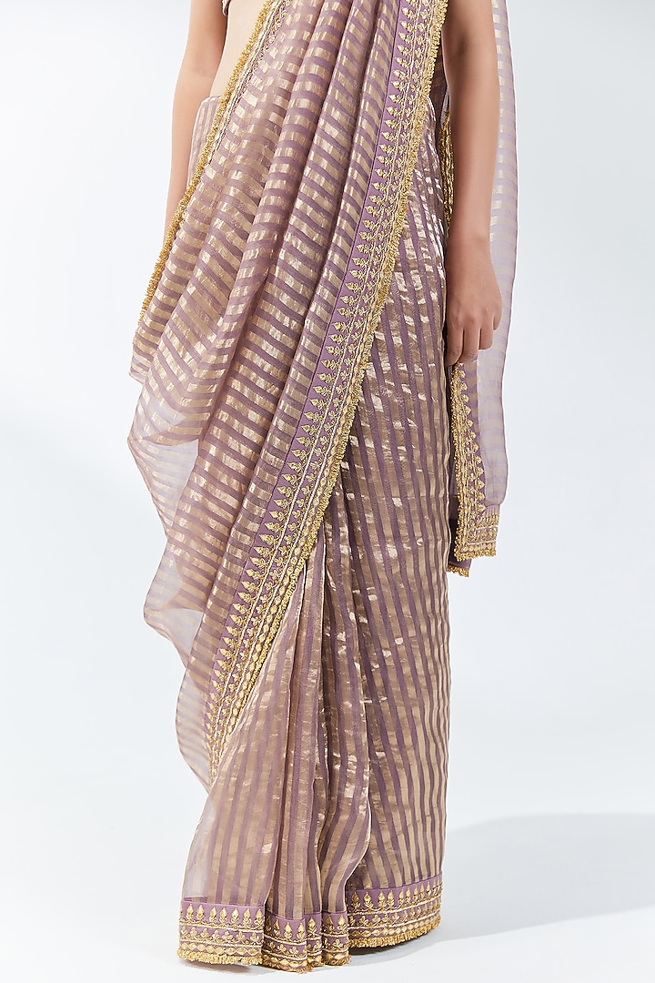 Dusty Mauve Zari Silk Organza Zardosi Embroidered Wedding Saree Set by Priyal Prakash at Pernia's Pop Up Shop