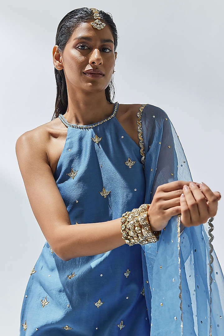 Cerulean Blue Chanderi Aari & Zardosi Embroidered Kurta Set by Priyal Prakash at Pernia's Pop Up Shop