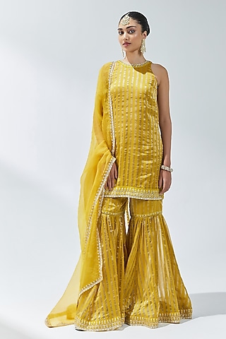 Dijon Mustard Zari Chanderi Gharara Set by Priyal Prakash