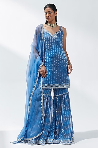 Cerulean Blue Zari Chanderi Gharara Set by Priyal Prakash