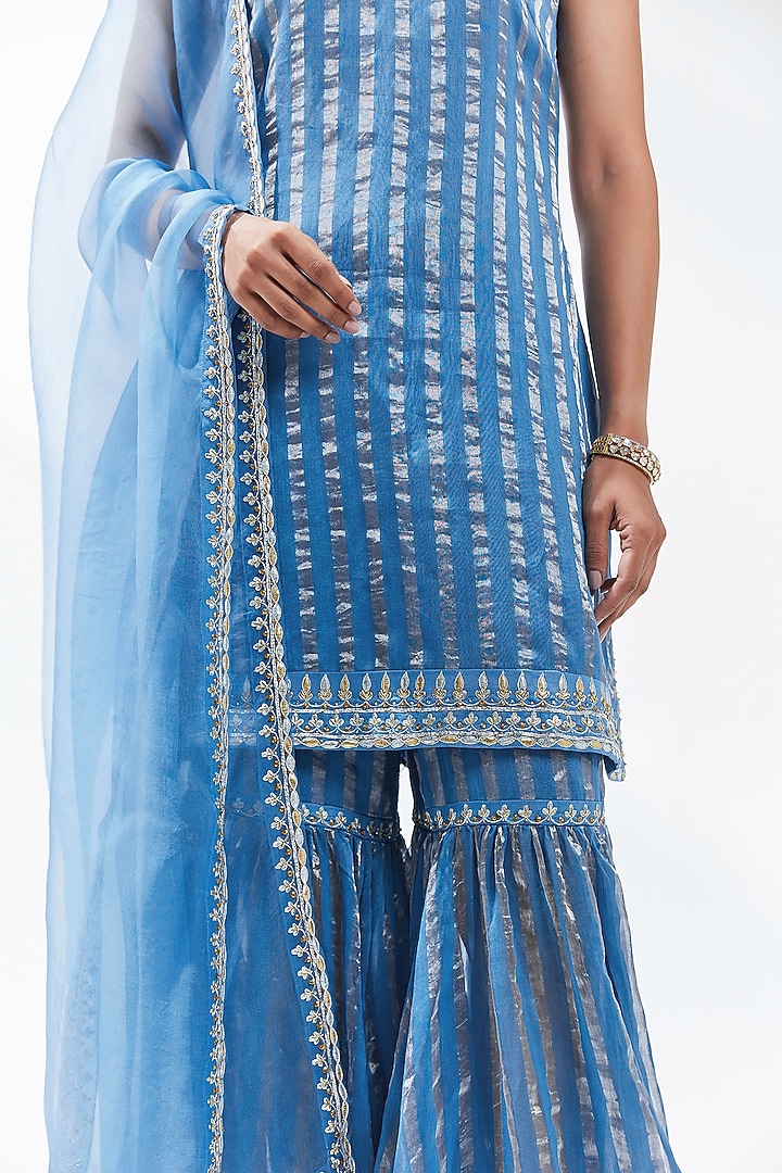 Cerulean Blue Zari Chanderi Gharara Set by Priyal Prakash at Pernia's Pop Up Shop