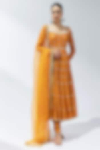 Burnt Orange Chanderi Aari & Zardosi Embroidered Anarkali Set by Priyal Prakash at Pernia's Pop Up Shop