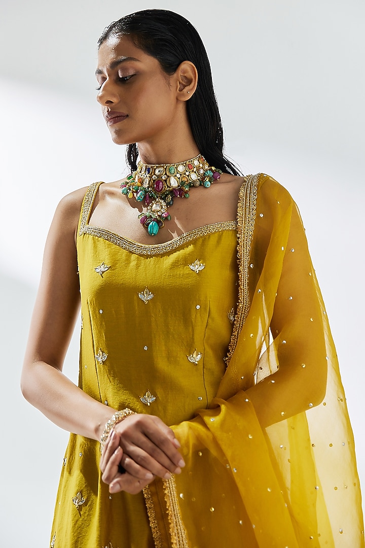 Dijon Mustard Chanderi Wedding Sharara Set by Priyal Prakash at Pernia's Pop Up Shop
