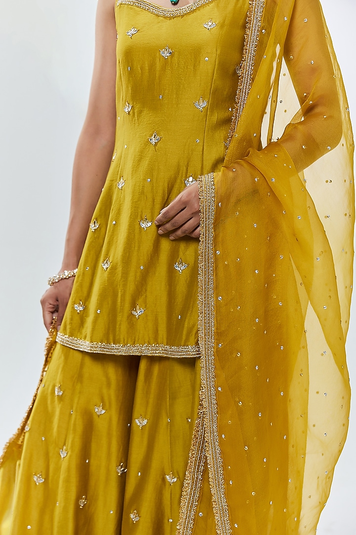 Dijon Mustard Chanderi Wedding Sharara Set by Priyal Prakash at Pernia's Pop Up Shop