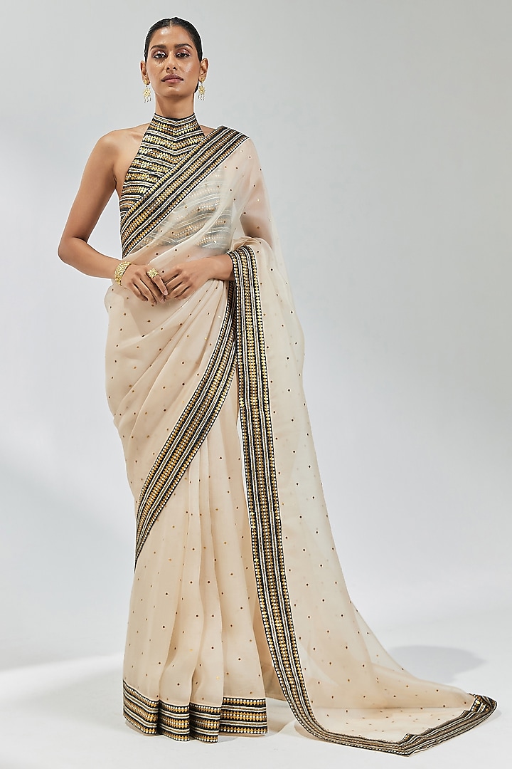 Beige & Black Silk Organza Sequins Embroidered Saree Set by Priyal Prakash at Pernia's Pop Up Shop