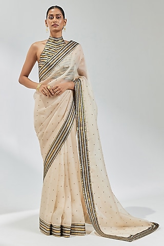 Beige & Black Silk Organza Sequins Embroidered Saree Set by Priyal Prakash