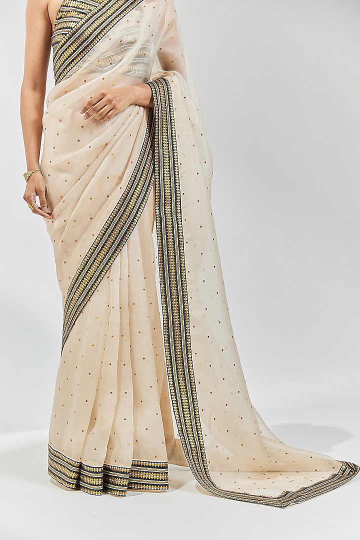 Beige & Black Silk Organza Sequins Embroidered Wedding Saree Set by Priyal Prakash at Pernia's Pop Up Shop