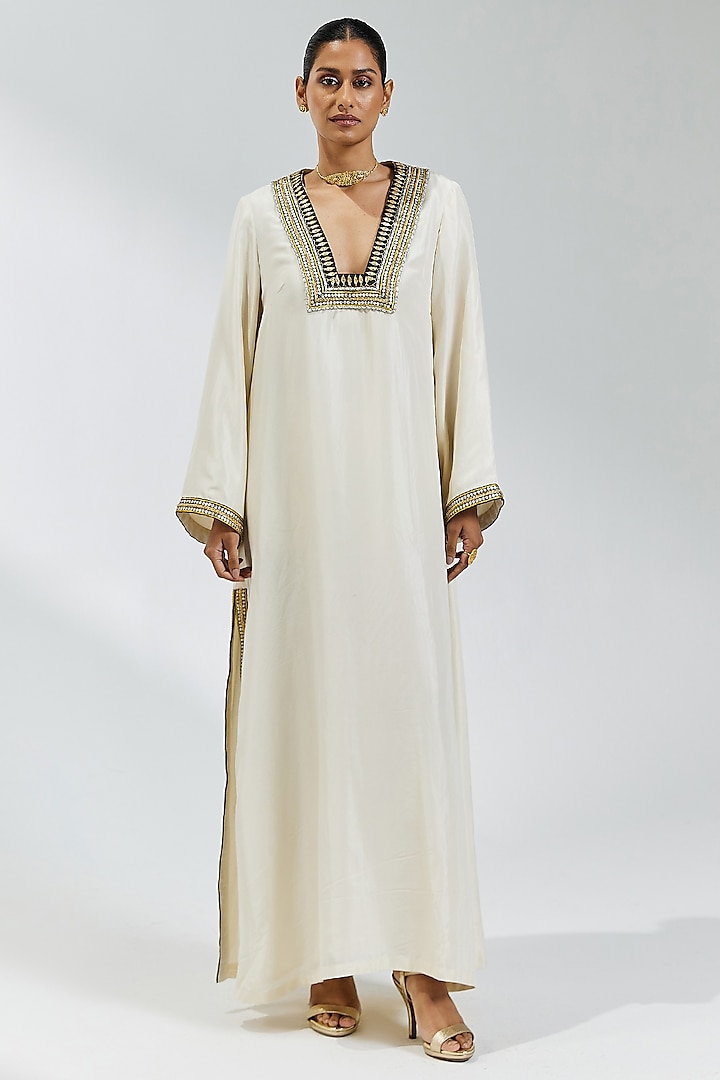 Ivory & Black Habutai Silk Sequins Embroidered Kaftan by Priyal Prakash at Pernia's Pop Up Shop