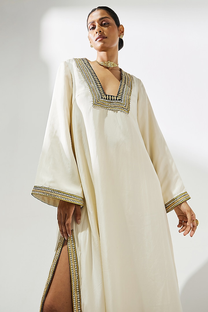 Ivory & Black Habutai Silk Sequins Embroidered Kaftan by Priyal Prakash at Pernia's Pop Up Shop