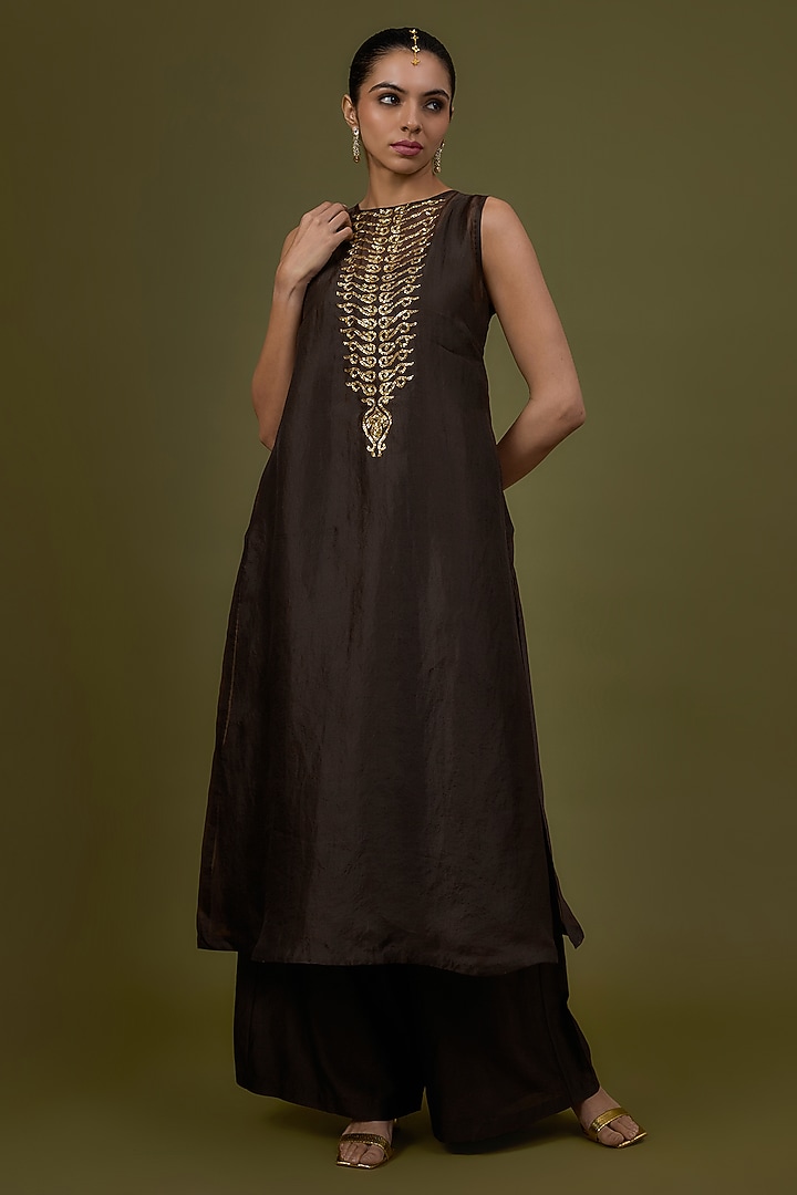 Chocolate Brown Silk Organza Embroidered Kurta Set by Priyal Prakash at Pernia's Pop Up Shop