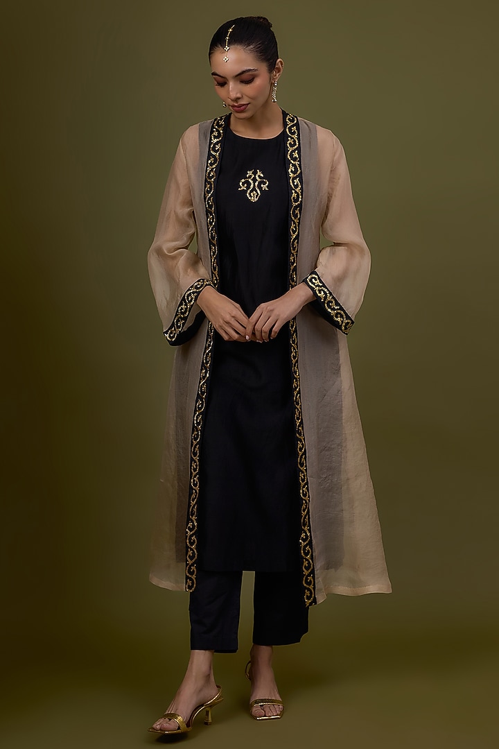 Black Chanderi Kurta With Citrine Yellow Jacket by Priyal Prakash at Pernia's Pop Up Shop