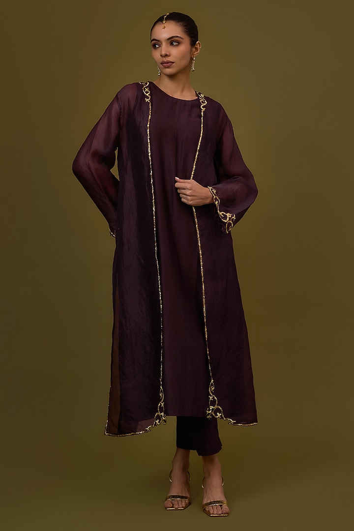Plum Chanderi Gota-Patti Embroidered Jacket Kurta Set by Priyal Prakash at Pernia's Pop Up Shop