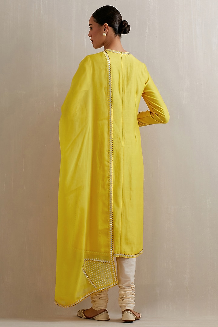 Pineapple Yellow Chanderi Sequins Hand Embroidered Kurta Set by Priyal Prakash at Pernia's Pop Up Shop