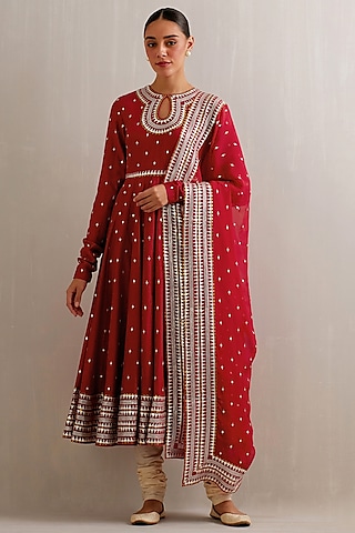 Berry Red Chanderi Aari Hand Embroidered Anarkali Set by Priyal Prakash