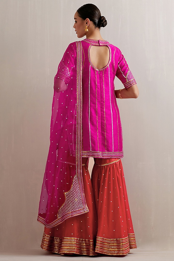 Red Chanderi Sequins Hand Embroidered Gharara Set by Priyal Prakash at Pernia's Pop Up Shop