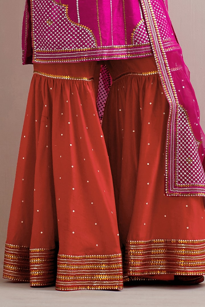Red Chanderi Sequins Hand Embroidered Gharara Set by Priyal Prakash at Pernia's Pop Up Shop