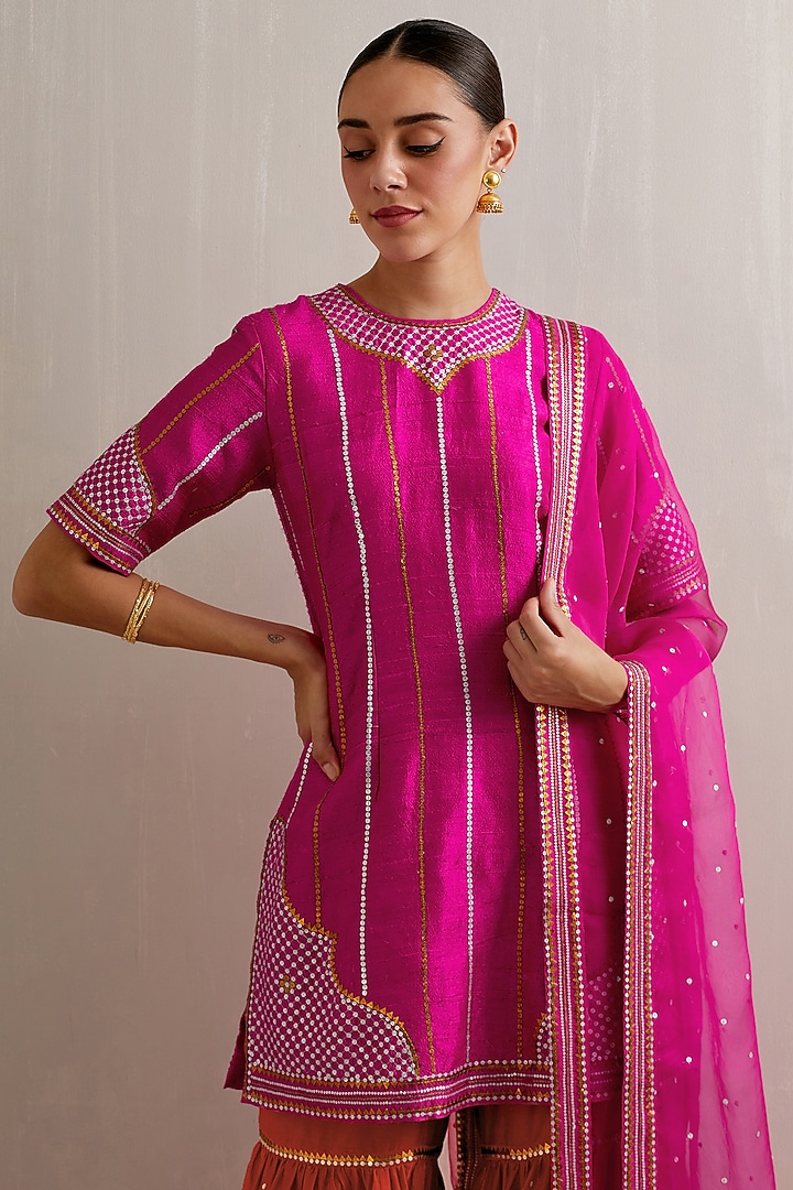 Red Chanderi Sequins Hand Embroidered Gharara Set by Priyal Prakash at Pernia's Pop Up Shop