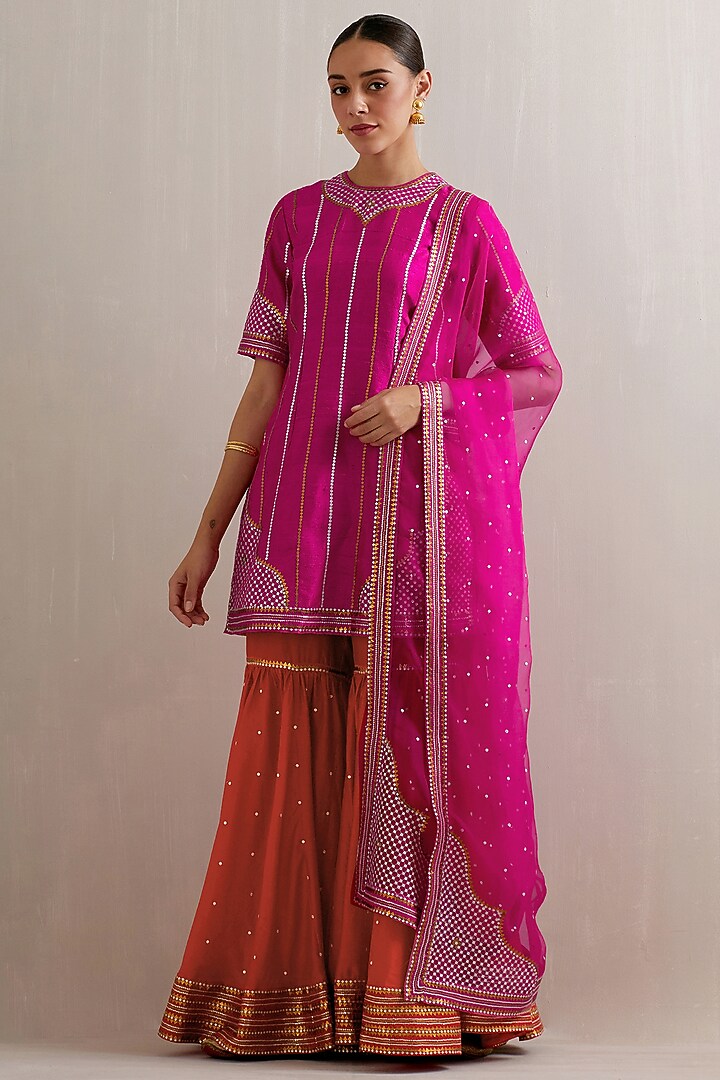 Red Chanderi Sequins Hand Embroidered Gharara Set by Priyal Prakash at Pernia's Pop Up Shop