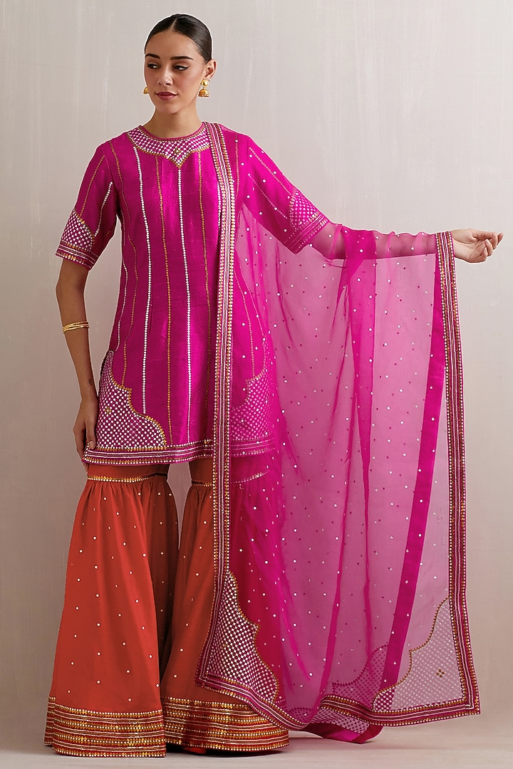 Red Chanderi Sequins Hand Embroidered Gharara Set by Priyal Prakash at Pernia's Pop Up Shop