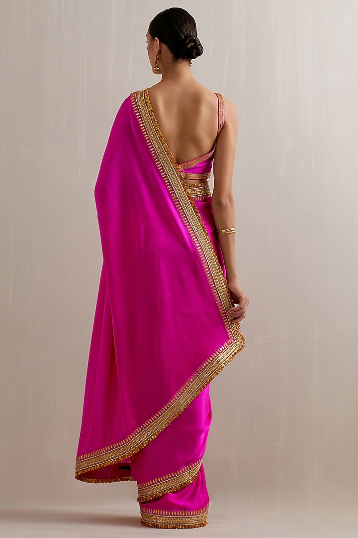 Magenta Pink Silk Satin Zari Hand Embroidered Wedding Saree Set by Priyal Prakash at Pernia's Pop Up Shop