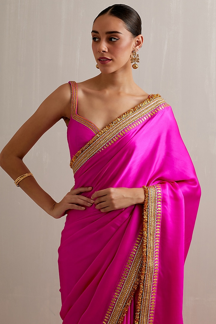 Magenta Pink Silk Satin Zari Hand Embroidered Wedding Saree Set by Priyal Prakash at Pernia's Pop Up Shop