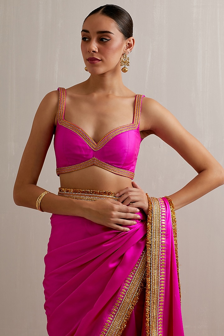 Magenta Pink Silk Satin Zari Hand Embroidered Wedding Saree Set by Priyal Prakash at Pernia's Pop Up Shop