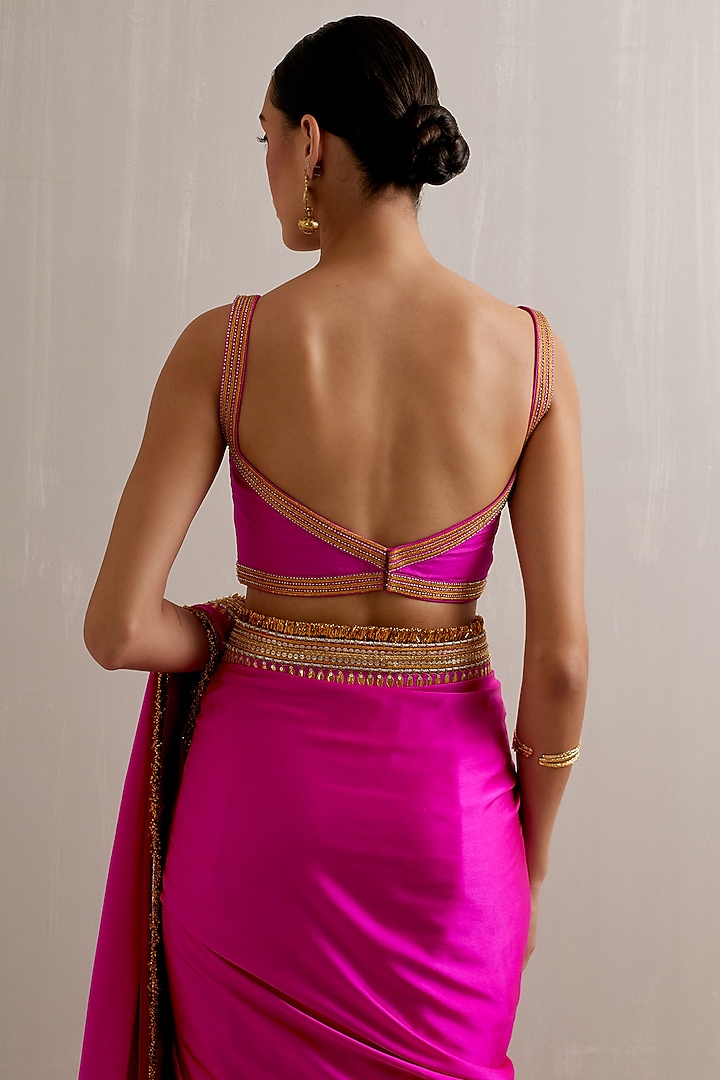 Magenta Pink Silk Satin Zari Hand Embroidered Wedding Saree Set by Priyal Prakash at Pernia's Pop Up Shop