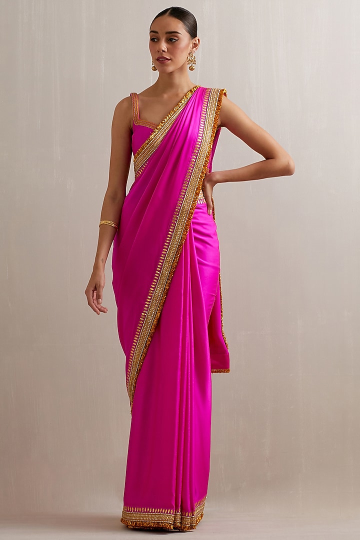 Magenta Pink Silk Satin Zari Hand Embroidered Wedding Saree Set by Priyal Prakash at Pernia's Pop Up Shop
