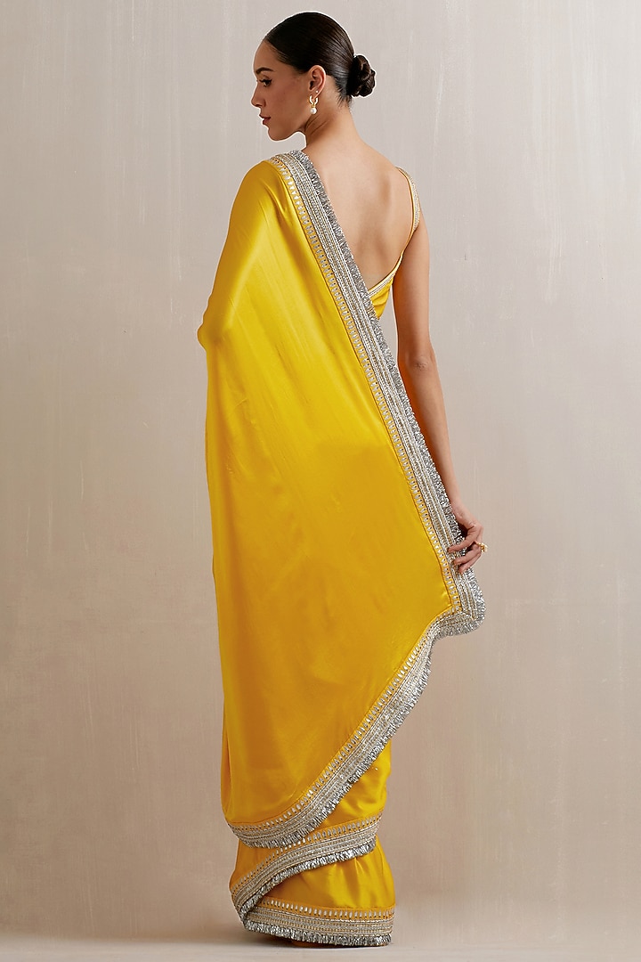 Sunshine Yellow Silk Satin Zari Hand Embroidered Wedding Saree Set by Priyal Prakash at Pernia's Pop Up Shop