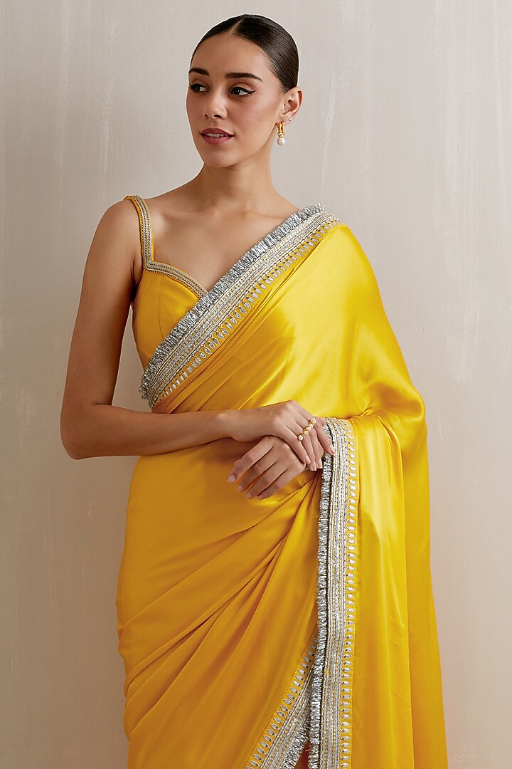 Sunshine Yellow Silk Satin Zari Hand Embroidered Wedding Saree Set by Priyal Prakash at Pernia's Pop Up Shop