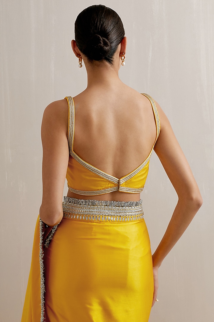 Sunshine Yellow Silk Satin Zari Hand Embroidered Wedding Saree Set by Priyal Prakash at Pernia's Pop Up Shop