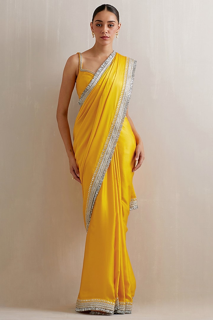 Sunshine Yellow Silk Satin Zari Hand Embroidered Wedding Saree Set by Priyal Prakash at Pernia's Pop Up Shop