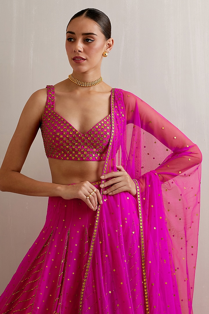 Magenta Pink Silk Organza Zari Hand Embroidered Wedding Lehenga Set by Priyal Prakash at Pernia's Pop Up Shop