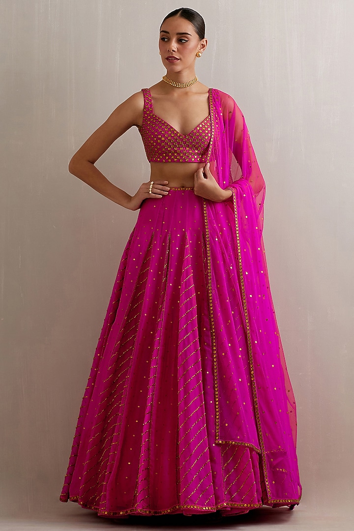 Magenta Pink Silk Organza Zari Hand Embroidered Wedding Lehenga Set by Priyal Prakash at Pernia's Pop Up Shop