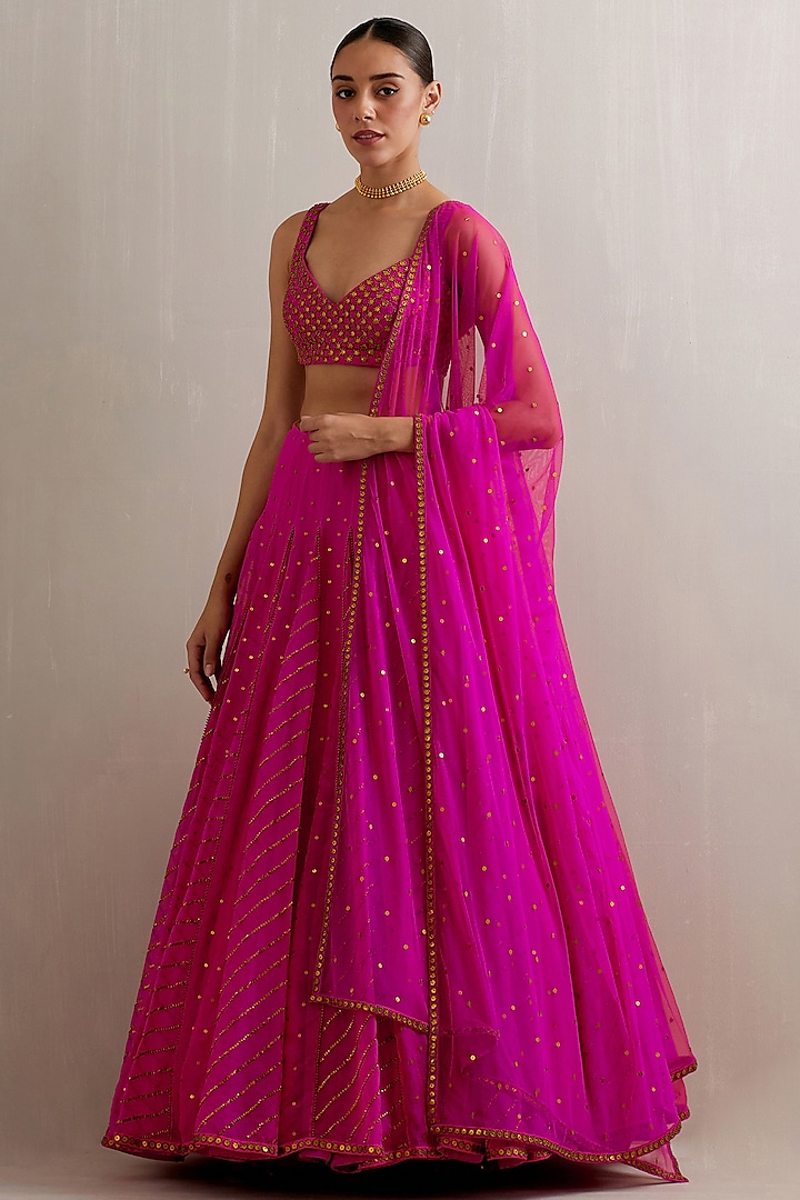 Magenta Pink Silk Organza Zari Hand Embroidered Wedding Lehenga Set by Priyal Prakash at Pernia's Pop Up Shop