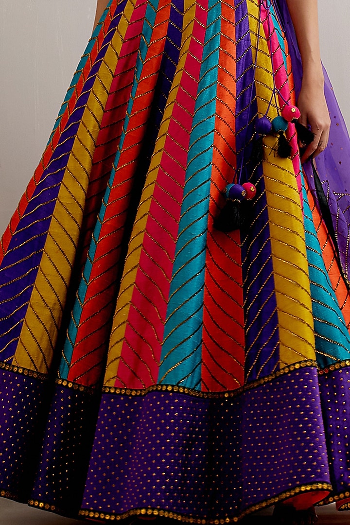 Multi-Colored Mashru Silk Zari Hand Embroidered Wedding Lehenga Set by Priyal Prakash at Pernia's Pop Up Shop