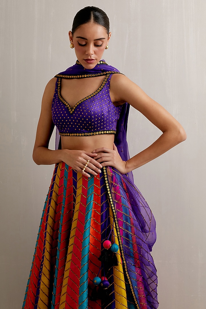 Multi-Colored Mashru Silk Zari Hand Embroidered Wedding Lehenga Set by Priyal Prakash at Pernia's Pop Up Shop