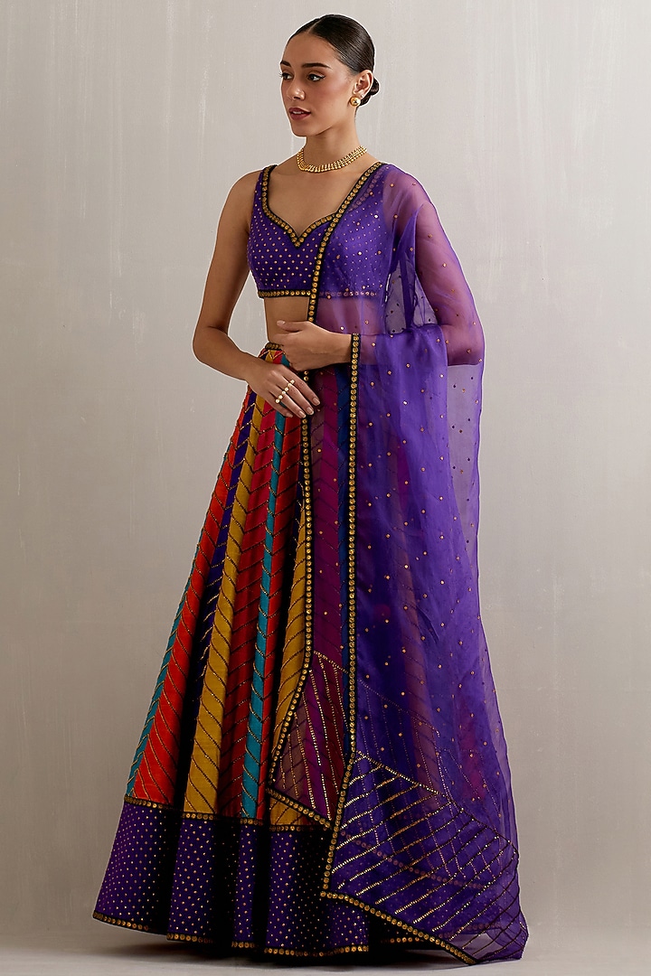 Multi-Colored Mashru Silk Zari Hand Embroidered Wedding Lehenga Set by Priyal Prakash at Pernia's Pop Up Shop