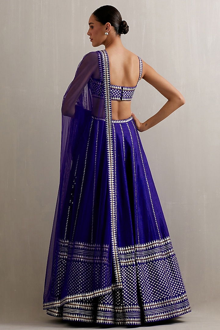 Ink Blue Raw Silk Aari Hand Embroidered Wedding Lehenga Set by Priyal Prakash at Pernia's Pop Up Shop