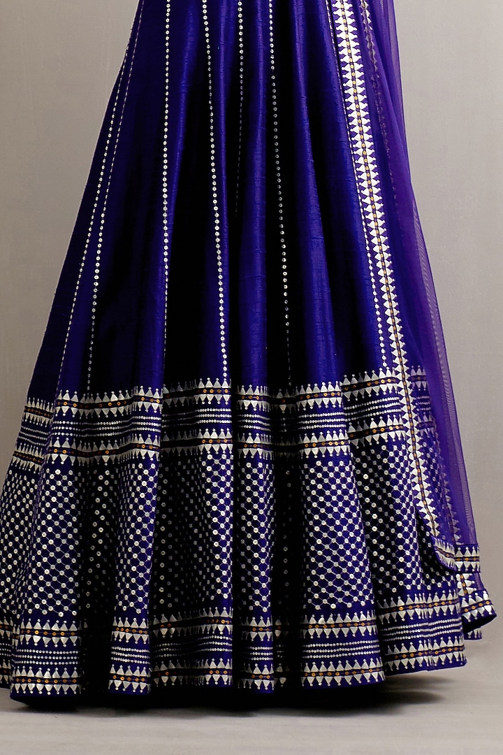 Ink Blue Raw Silk Aari Hand Embroidered Wedding Lehenga Set by Priyal Prakash at Pernia's Pop Up Shop