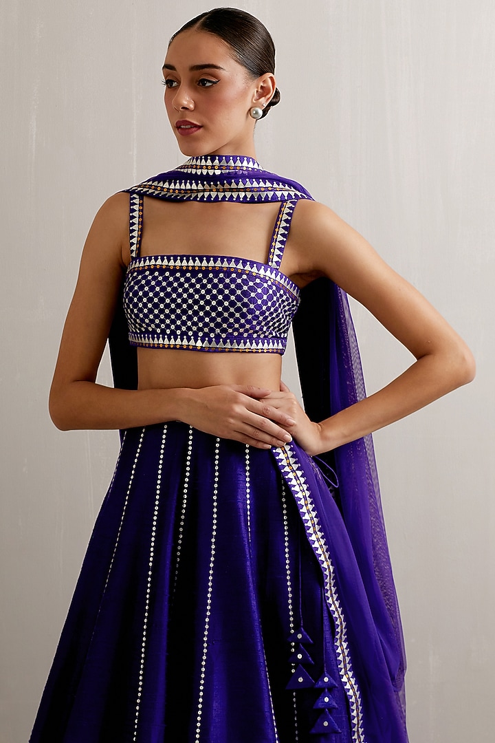 Ink Blue Raw Silk Aari Hand Embroidered Wedding Lehenga Set by Priyal Prakash at Pernia's Pop Up Shop