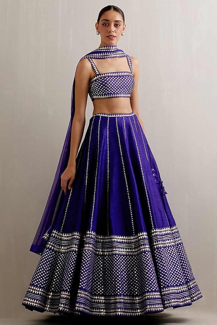 Ink Blue Raw Silk Aari Hand Embroidered Wedding Lehenga Set by Priyal Prakash at Pernia's Pop Up Shop