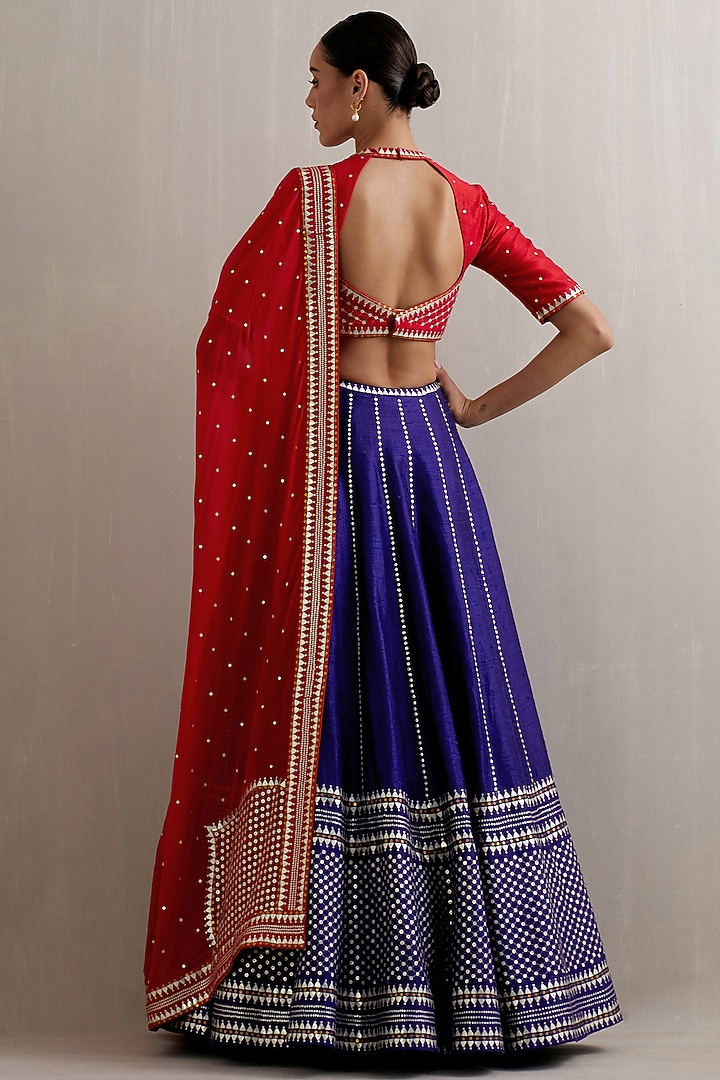 Ink Blue Raw Silk Aari Hand Embroidered Wedding Lehenga Set by Priyal Prakash at Pernia's Pop Up Shop