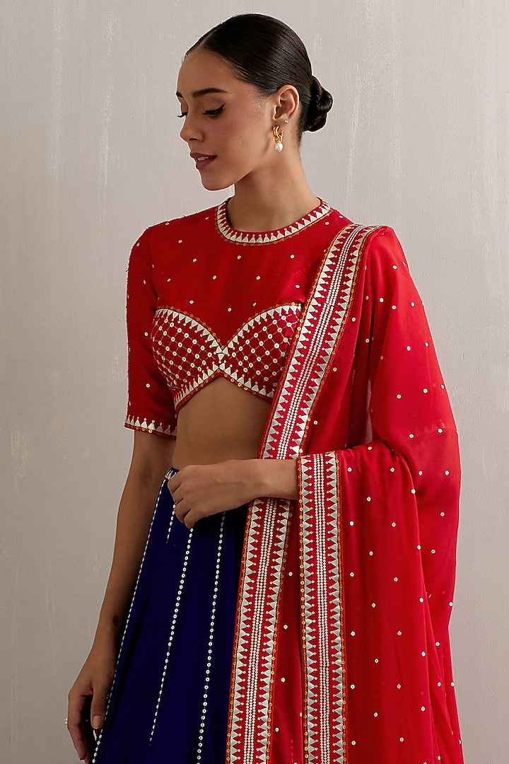 Ink Blue Raw Silk Aari Hand Embroidered Wedding Lehenga Set by Priyal Prakash at Pernia's Pop Up Shop