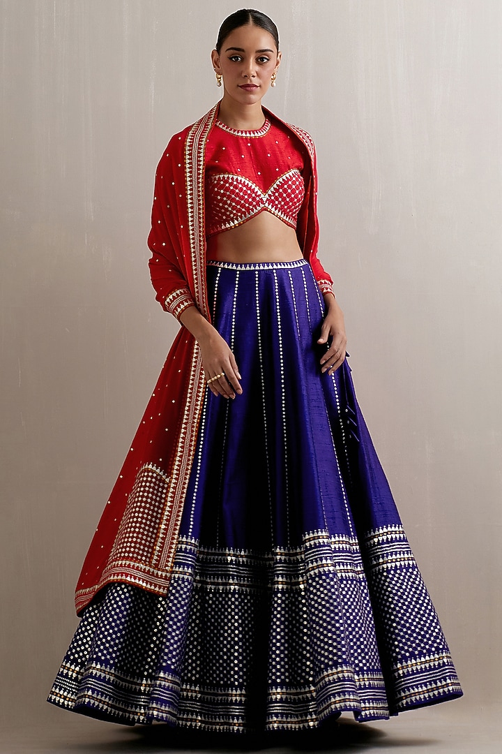 Ink Blue Raw Silk Aari Hand Embroidered Wedding Lehenga Set by Priyal Prakash at Pernia's Pop Up Shop