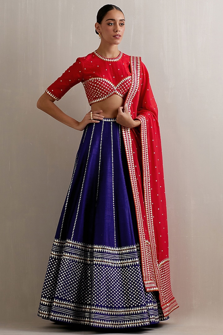 Ink Blue Raw Silk Aari Hand Embroidered Wedding Lehenga Set by Priyal Prakash at Pernia's Pop Up Shop